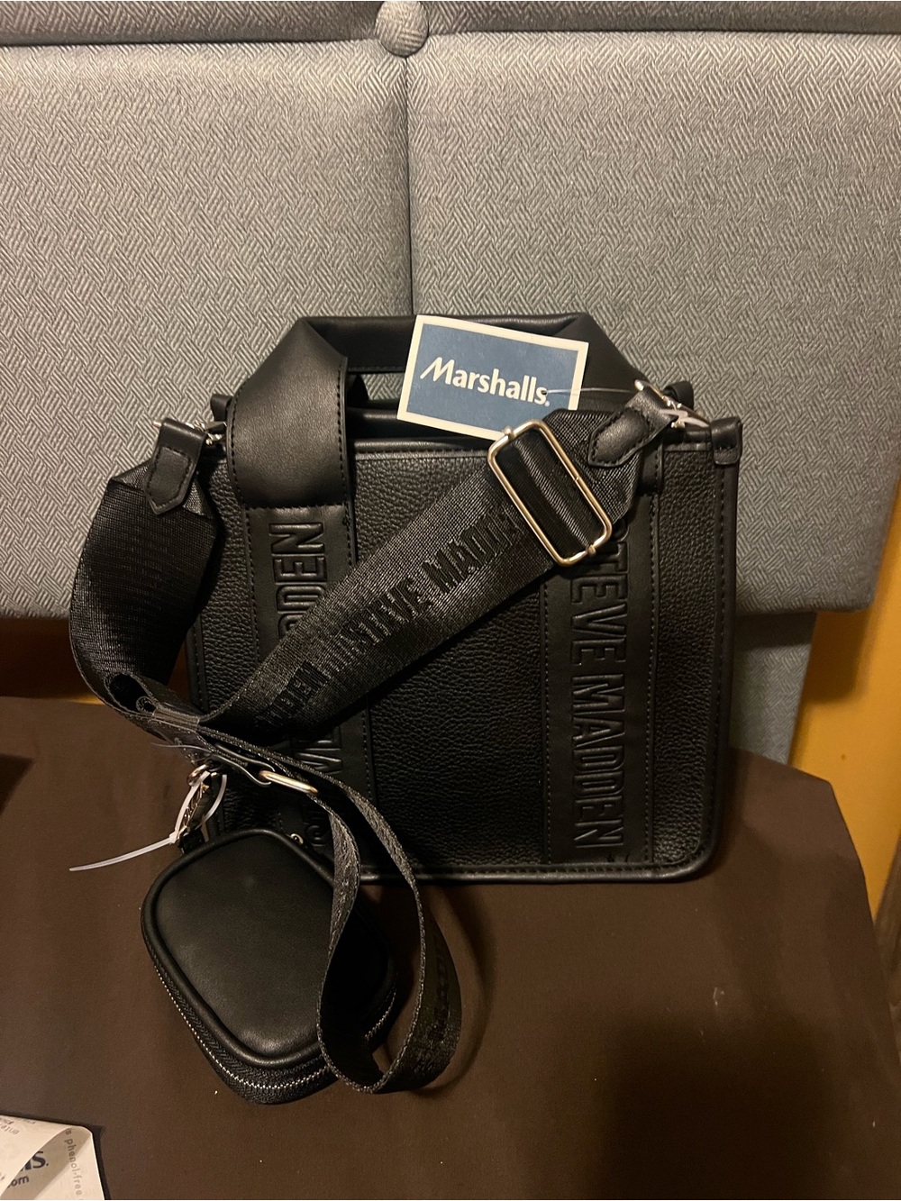 Steve Madden Black Structured Messenger Bag with Branded Strap